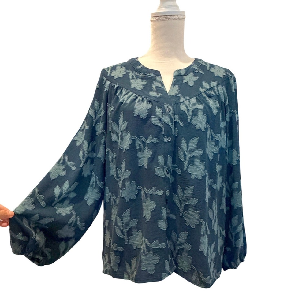 Womens L Teal Blue Patchwork Floral Balloon Sleeve Blouse Top Tunic Boho Cottage